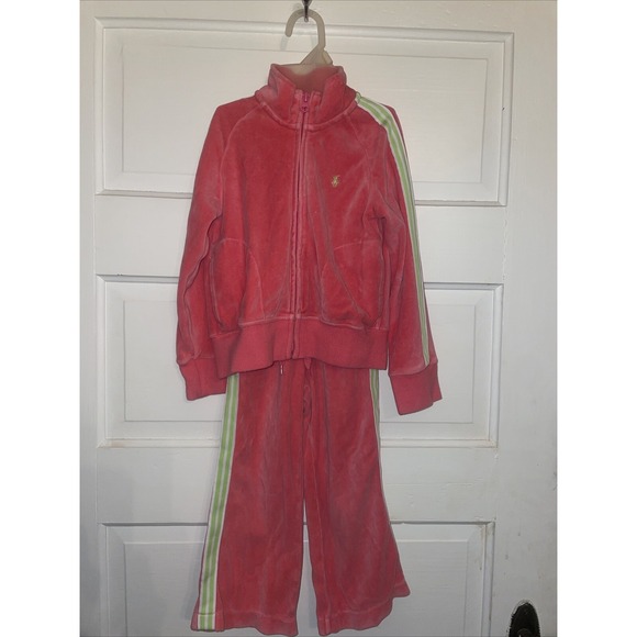 Vintage Pink & Green Ralph Lauren Velour Tracksuit Girls 3T Little Pony Wide Leg - Picture 1 of 10
